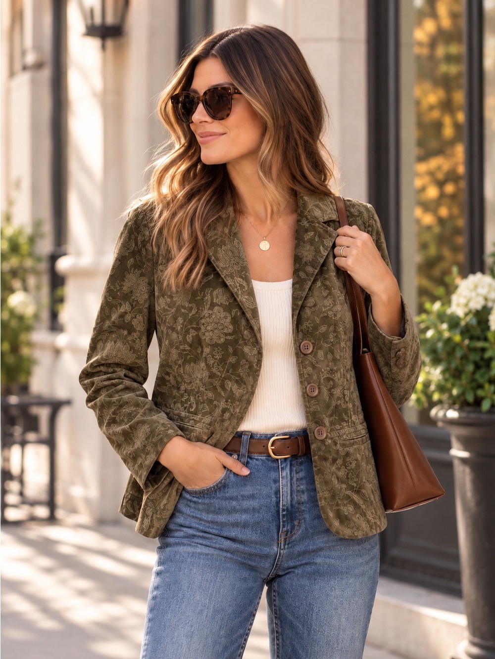 Talbots Floral Velvet Corduroy Blazer Olive Green Button Front Size 8